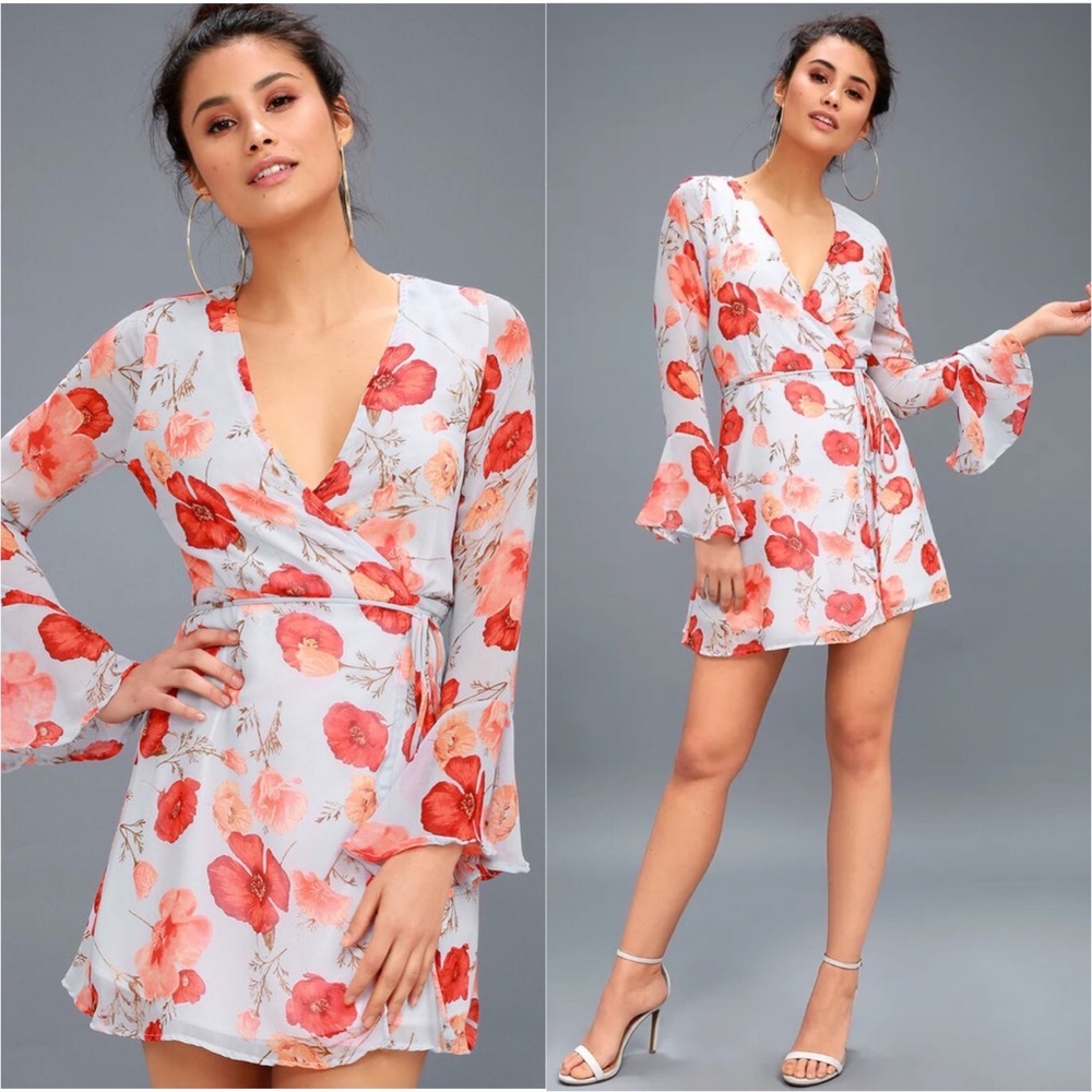Lulu's Floral Chiffon Skater Kimono Sleeve Mini Casual Date Blue Weekend Dress - Picture 1 of 9